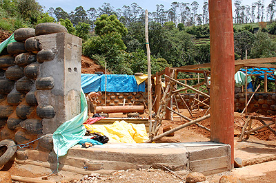 Tyre walls in May 2009 with mezzanine wooden frame going in